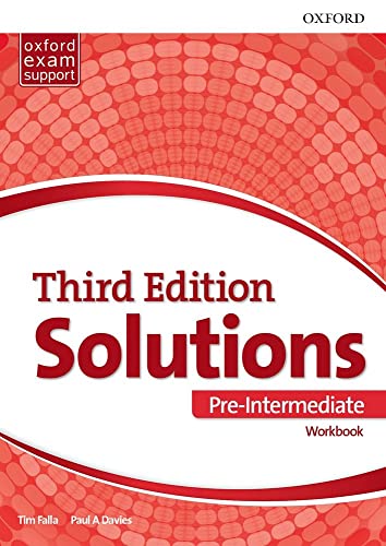 Red "Solutions" Pre-Intermediate Workbook, Third Edition, with Oxford logo.
