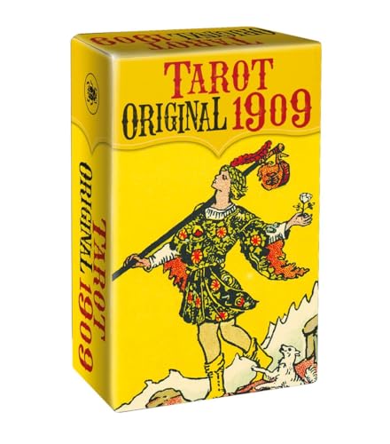 Yellow tarot card box with illustration of a knight and dog.