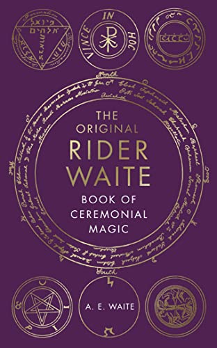 Purple book cover with gold symbols and text: "The Rider Waite Book of Ceremonial Magic.