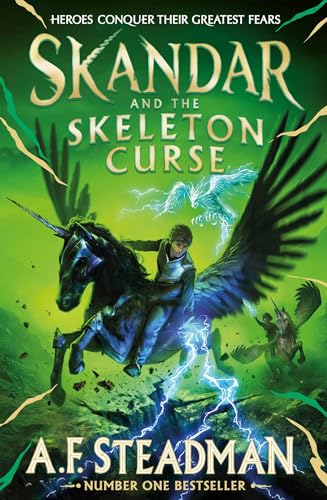 A boy rides a winged unicorn over a lightning-filled landscape on a green book cover.