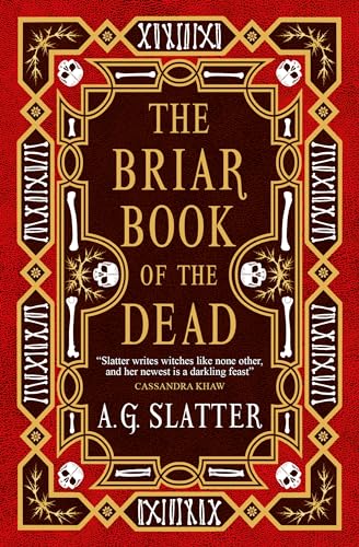 Dark red book cover with ornate gold frame, skulls, and title text.