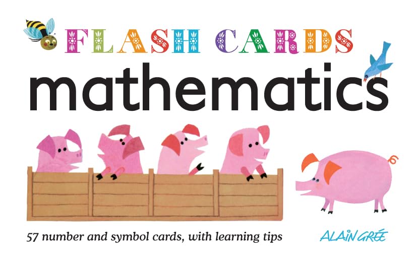 Colorful flash card cover with pigs, bees, and the word "mathematics".