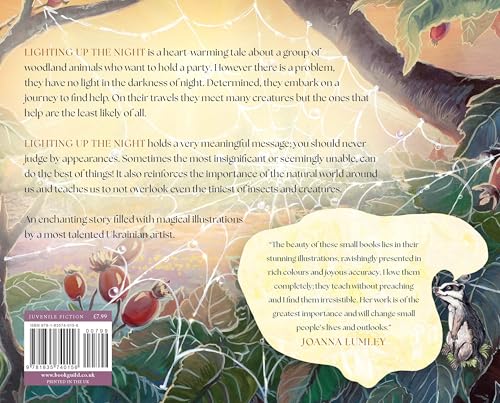 Book back cover with woodland creatures amongst glowing string lights and foliage.