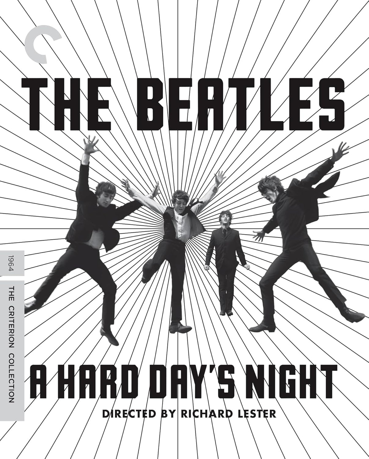 The Beatles in suits running and jumping, radiating lines, film cover.