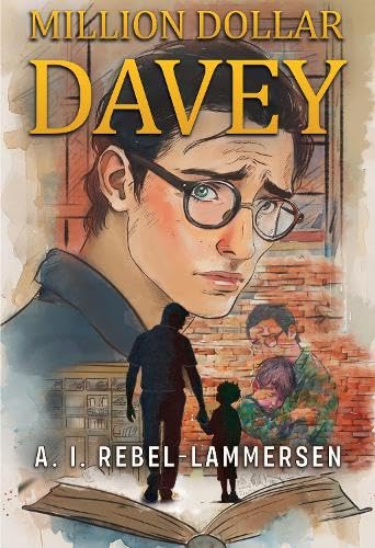Book cover: illustrated boy with glasses, figures in background, open book.