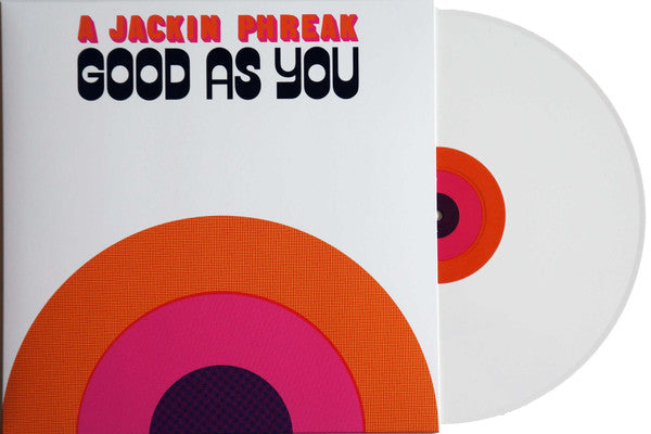 Vinyl record with white cover featuring bold pink and orange graphics.