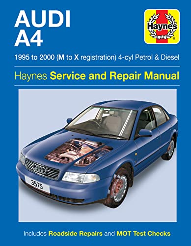 Blue Audi A4 car repair manual, 1995-2000 models shown.