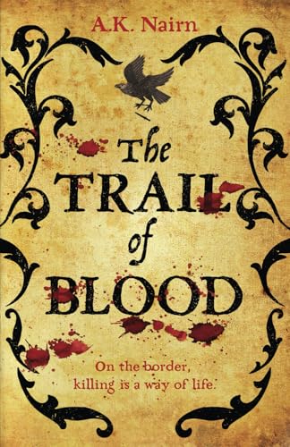 Book cover with a raven, black filigree borders, and blood splatters on parchment background.