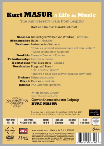 DVD back cover for "A Life In Music" featuring Kurt Masur and tracklist.