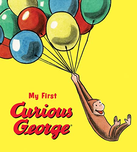 Curious George hangs from colorful balloons against a yellow background.
