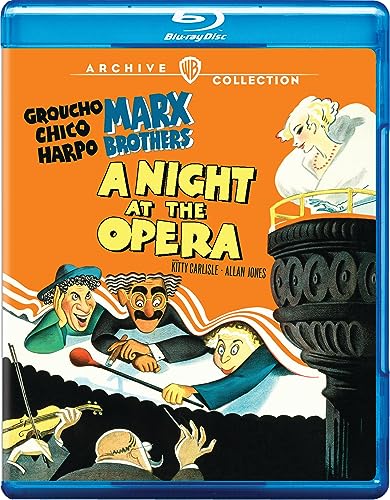 Blu-ray cover for "A Night at the Opera" featuring cartoon Marx Brothers.