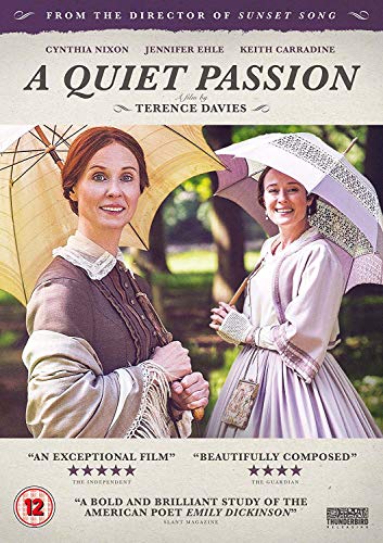 DVD cover for "A Quiet Passion" featuring two women in period dress holding parasols.