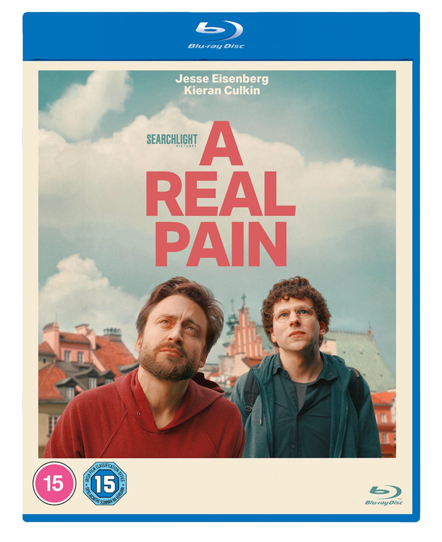 Blu-ray cover for A Real Pain featuring Jesse Eisenberg and Kieran Culkin looking up.