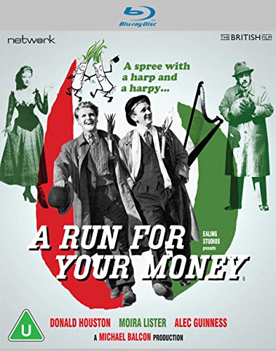 Blu-ray cover for A Run For Your Money featuring four characters and illustrated harp.