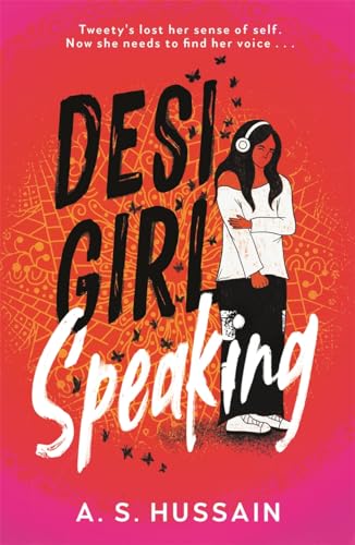 Book cover featuring a girl with headphones against a red patterned background.