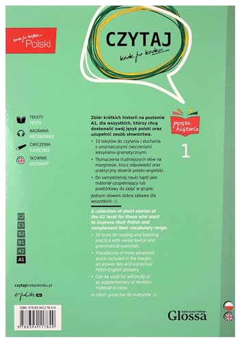 Green textbook cover with "CZYTAJ" title and language learning icons.