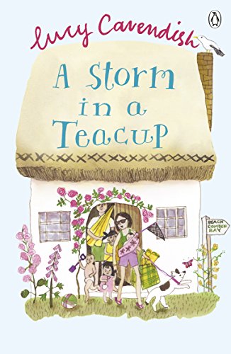 Book cover illustration of a cottage with people and a dog, titled "A Storm in a Teacup".
