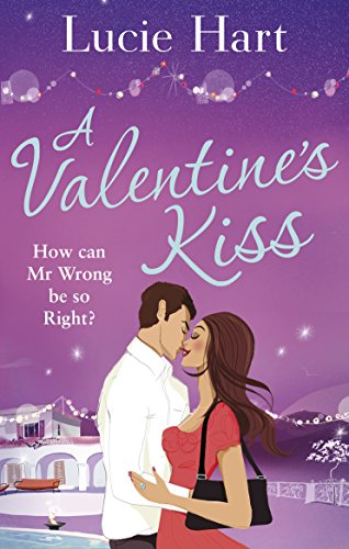 Book cover: couple kissing, purple background, text “A Valentine’s Kiss” by Lucie Hart.