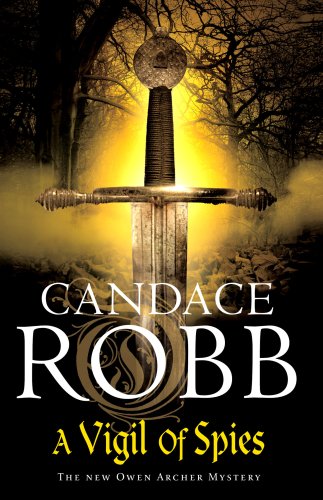 Book cover: sword piercing mist, dark forest, title "A Vigil of Spies".