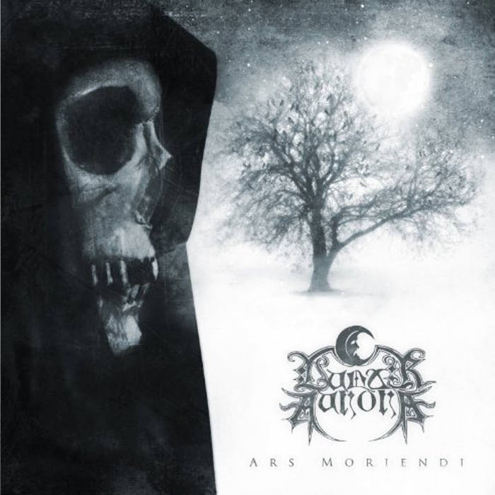 Skull and bare tree under a full moon, album cover art.