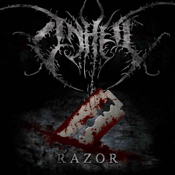 Dark album cover for "Razor" by Onheil, featuring a bloody razor blade.