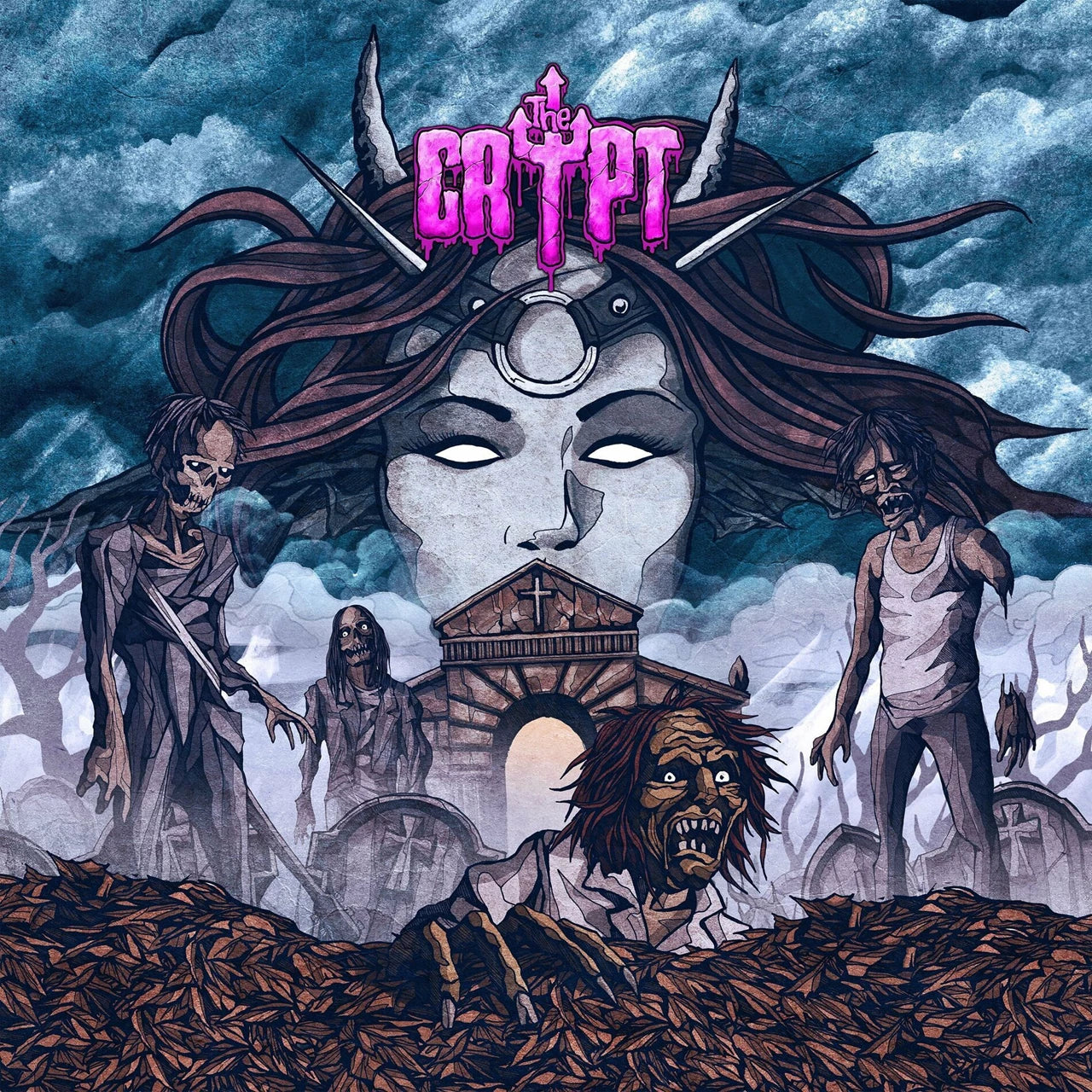 Album cover: illustrated woman with zombies in a graveyard scene.