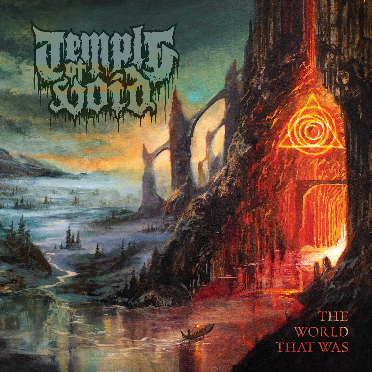 Album cover for Temple of Void, featuring a dark fantasy landscape and logo.