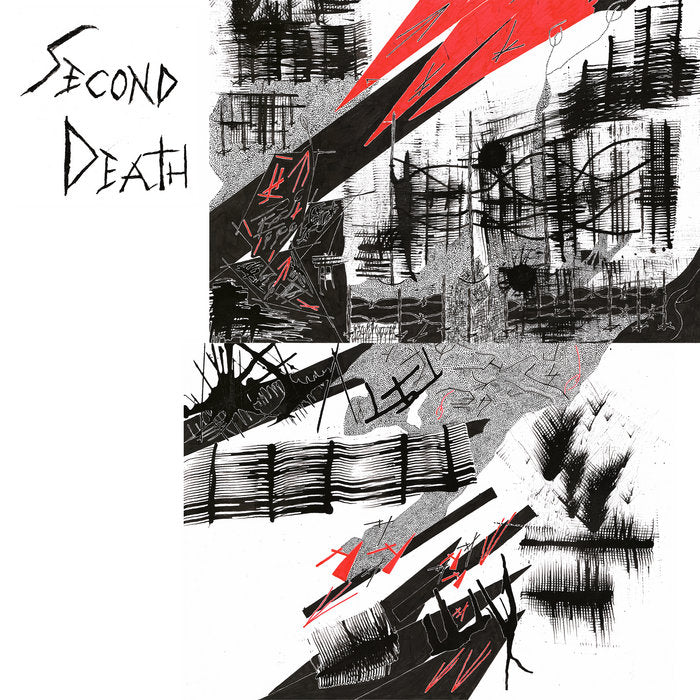 Black and white abstract album cover with red slashes, titled "Second Death.