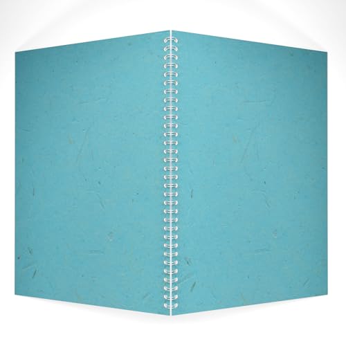 Sky blue spiral-bound notebook, closed, with textured paper visible.