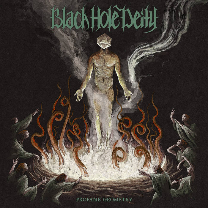 Dark album cover depicting a figure with a geometric head and surrounding figures.