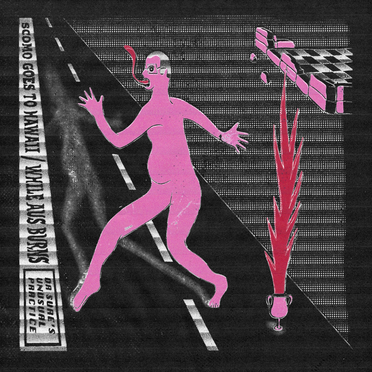 Pink figure walking on a road with a glass in hand.