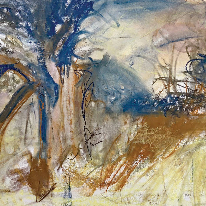 Abstract painting with blue, gold, and beige brushstrokes resembling trees.