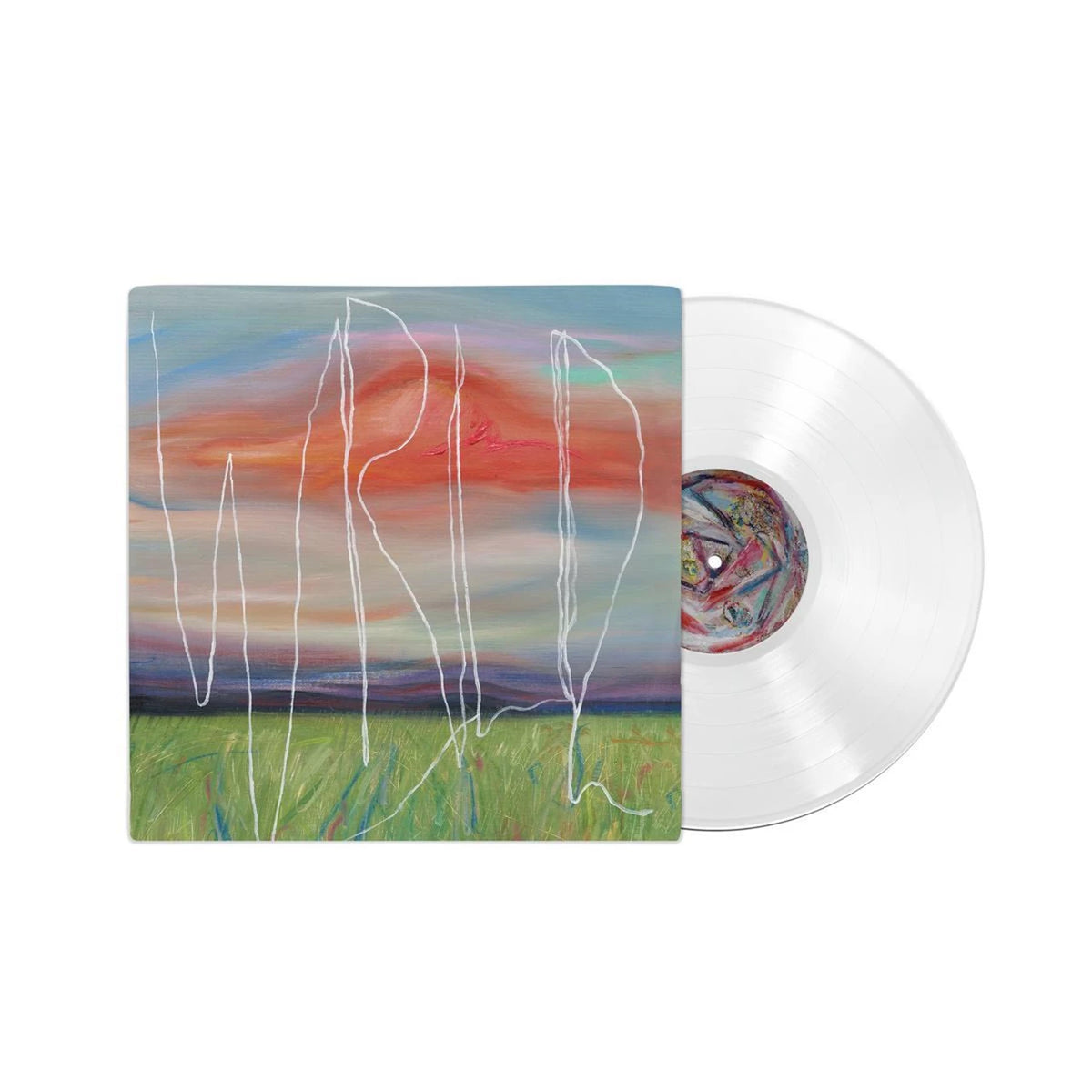 White vinyl record with colorful, abstract painted cover art.