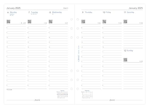 Open two-page weekly planner with lined columns, January 2025 dates.