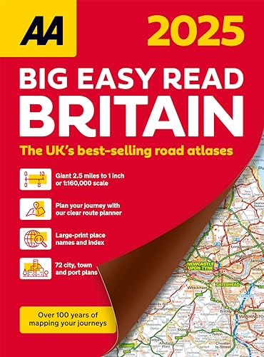 Red 2025 AA Britain road atlas cover with map detail.