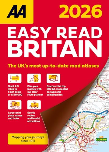 Front cover of the AA Easy Read Britain 2026 road atlas with map page corner.