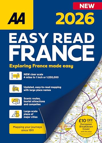 AA Easy Read Atlas France 2026 cover with map detail.