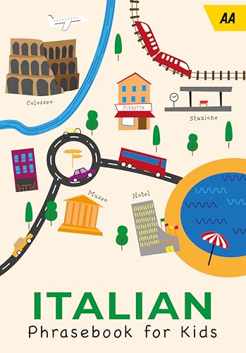 Colorful cover of “Italian Phrasebook for Kids” with travel illustrations.