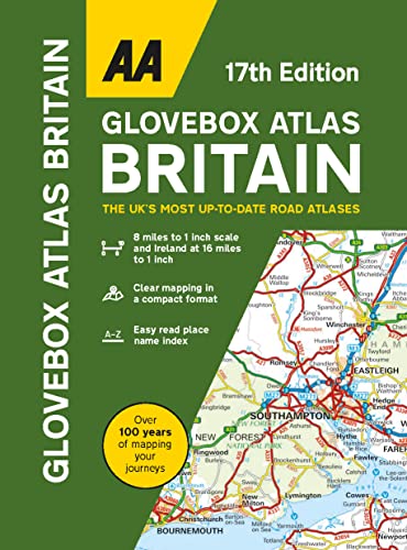 Green and yellow AA Glovebox Atlas Britain road map, 17th edition.