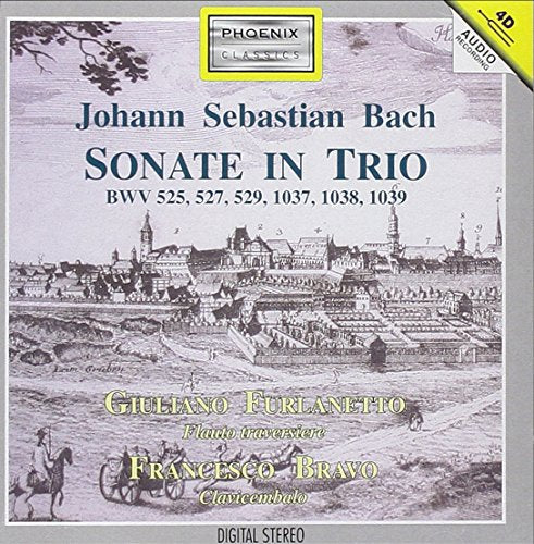 CD cover for Bach's Sonate In Trio with a cityscape illustration.