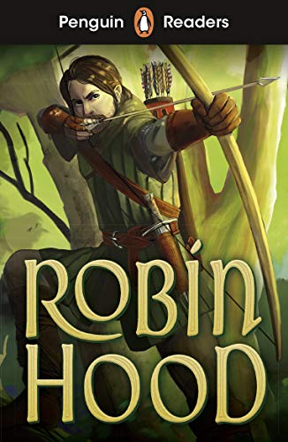 Robin Hood drawing a bow in a forest, book cover illustration.