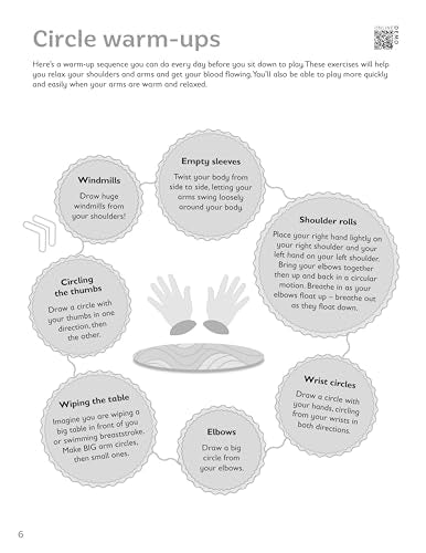 Piano technique book page illustrating six circular arm and wrist warm-up exercises.