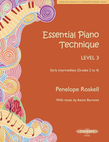 Book cover for Essential Piano Technique Level 3 by Penelope Roskell on orange background.