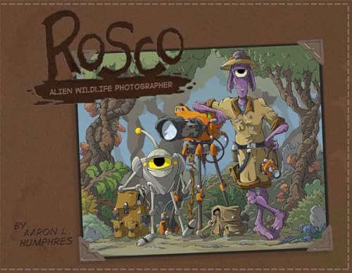 Cartoon illustration of an alien and robot with a camera in a jungle.
