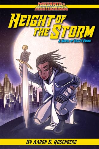 Novel cover: superhero with sword, city skyline, and large moon.