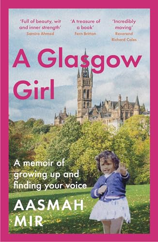 Book cover with a young girl and Glasgow University building backdrop.