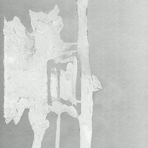 Vinyl record cover with abstract white paint strokes on grey background and black text box.