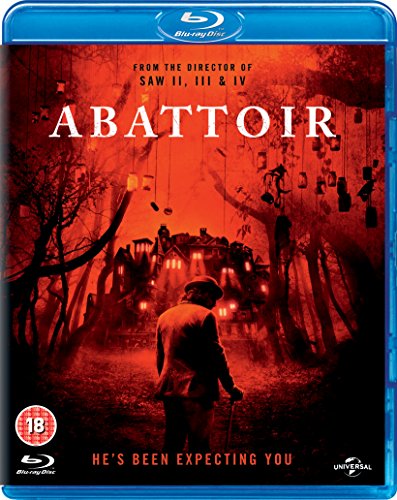 Abattoir Blu-ray cover featuring a man in a hat standing before a dark house.