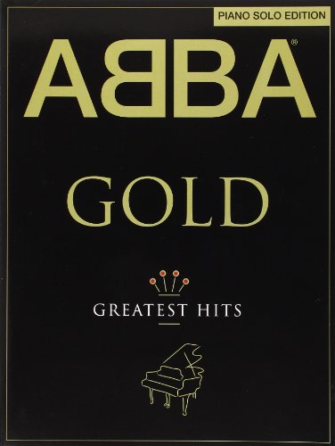 Black music book cover with gold ABBA logo, Gold text, and piano illustration.