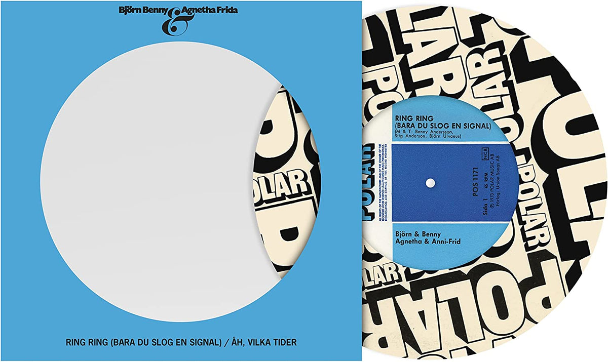 "Blue vinyl record sleeve with a white label and black text, showing both sides."